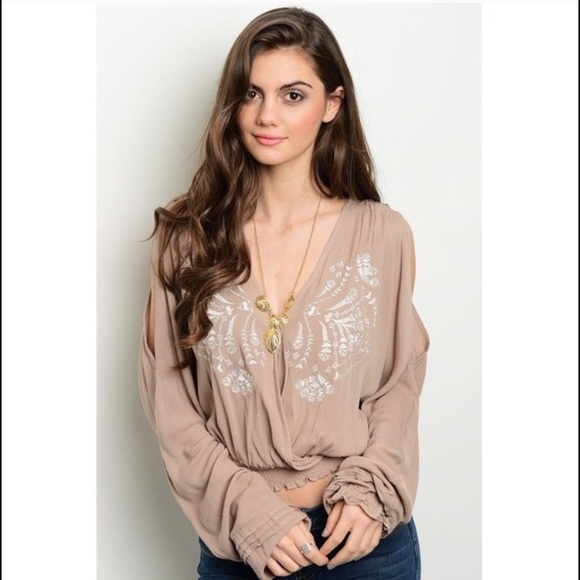 LAST ONE! Boho Chic Peasant Wrap Crop Top in Taupe - Picture 3 of 4