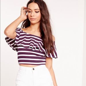 Ribbed frill stripe Bardot crop top