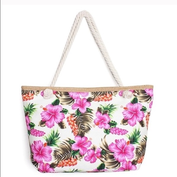 White Floral Print Summer Vacation Tote - Picture 3 of 3