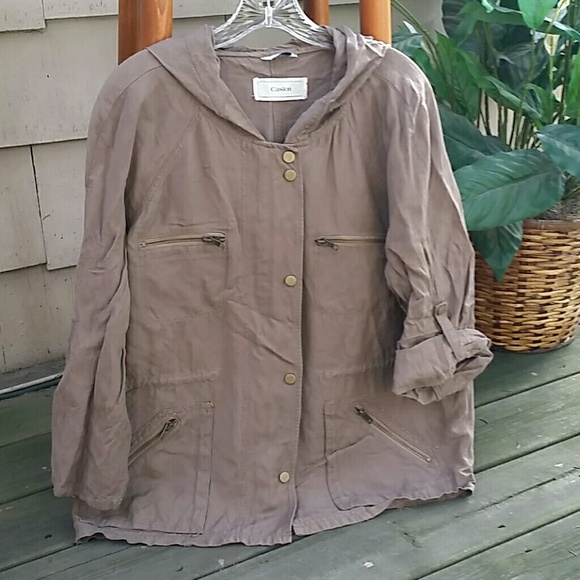 Caslon Khaki Linen Utility Jacket with Hood