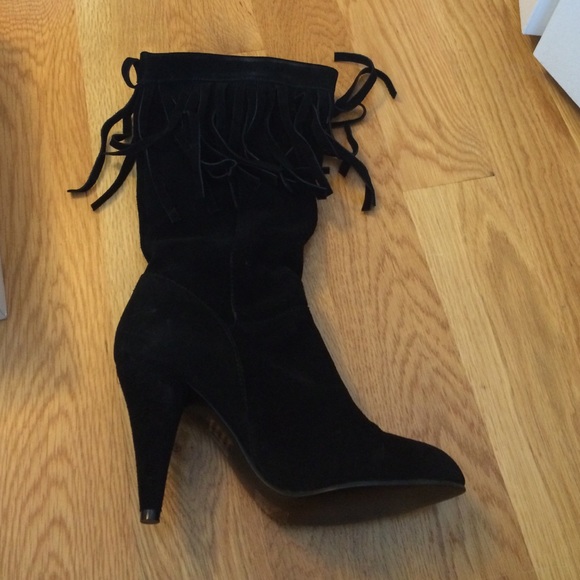 Black faux suede fringed heel boots