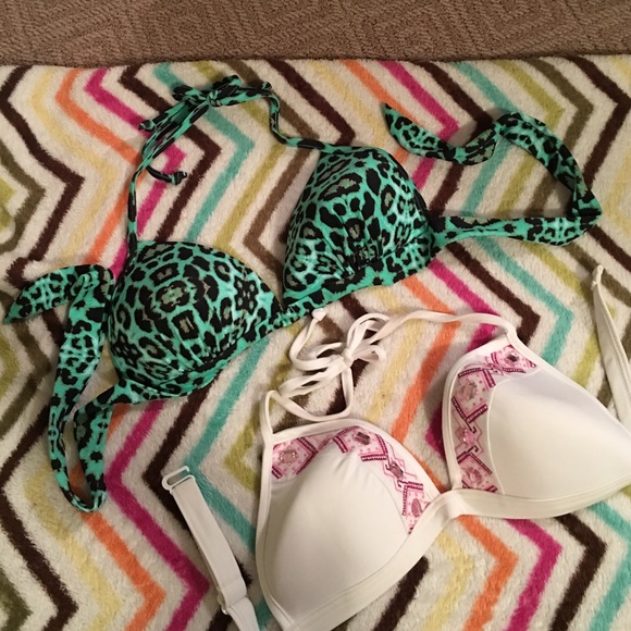 Venus D cup bikini tops green animal white jewels.