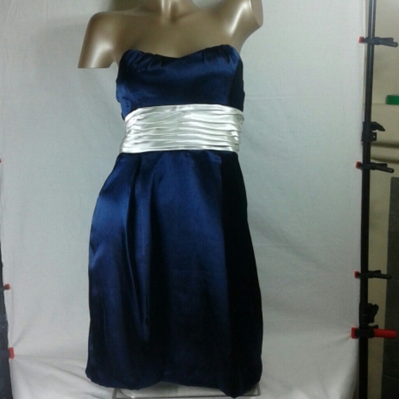 TEEZE ME BLUE NAVY STRAPLESS SATIN DRESS