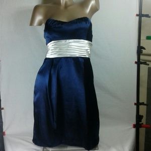 TEEZE ME BLUE NAVY STRAPLESS SATIN DRESS