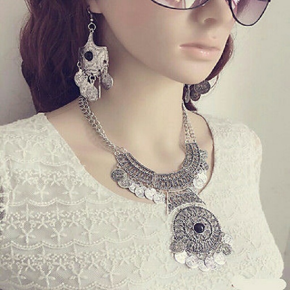 Boho Gypsy Double Chain Coin Statement Necklace - Picture 4 of 6