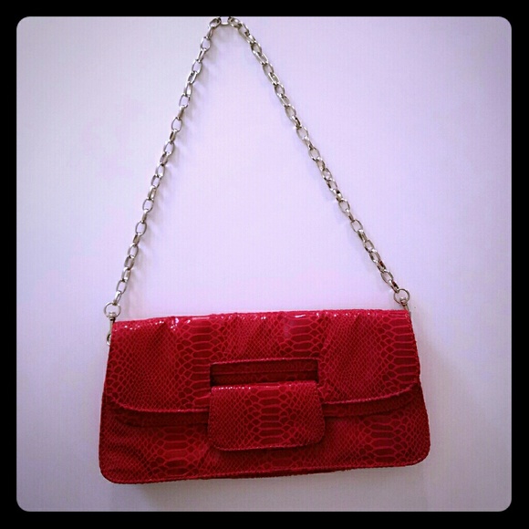 Melie Bianco Red snakeskin print clutch