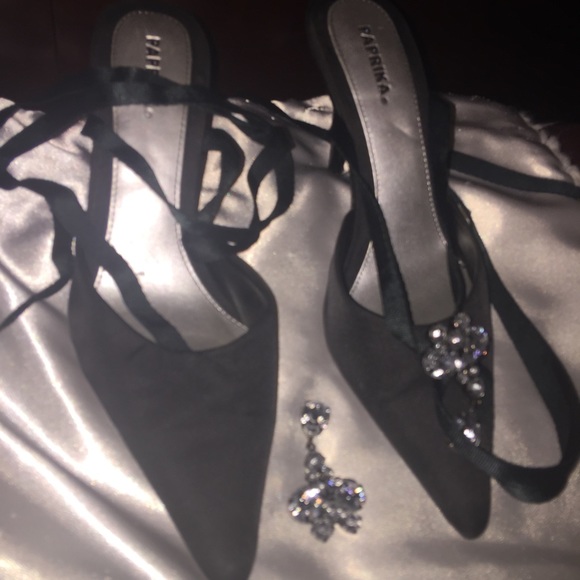 Black lace up heels with detachable rhinestones