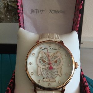 Betsey Johnson Owl DialEmbossed Leather StrapWatch