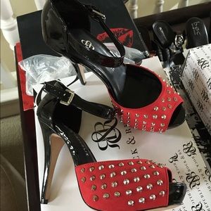 Never Worn Red Studed Blk Patent Platform Heels