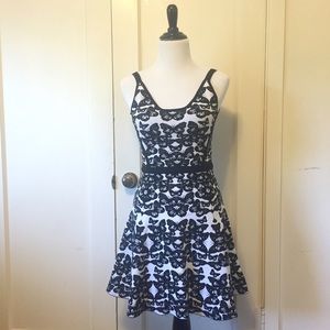 bebe Black & White Butterfly Flare Dress