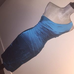 Turquoise Cache off the shoulder cocktail dress