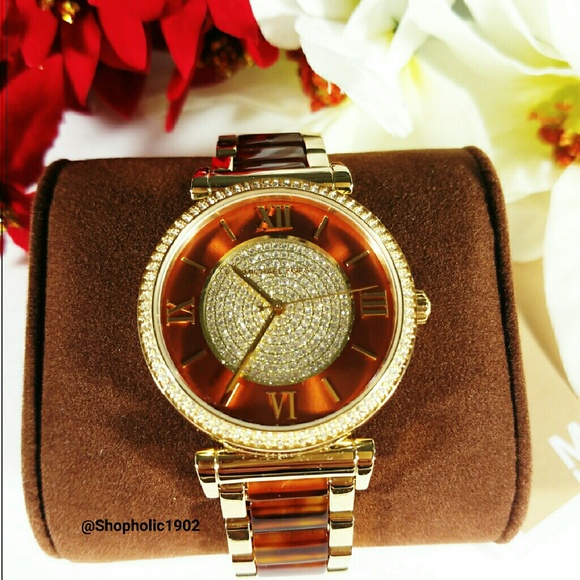🆕Michael Kors Catlin Crystal-set Amber Dial Gold