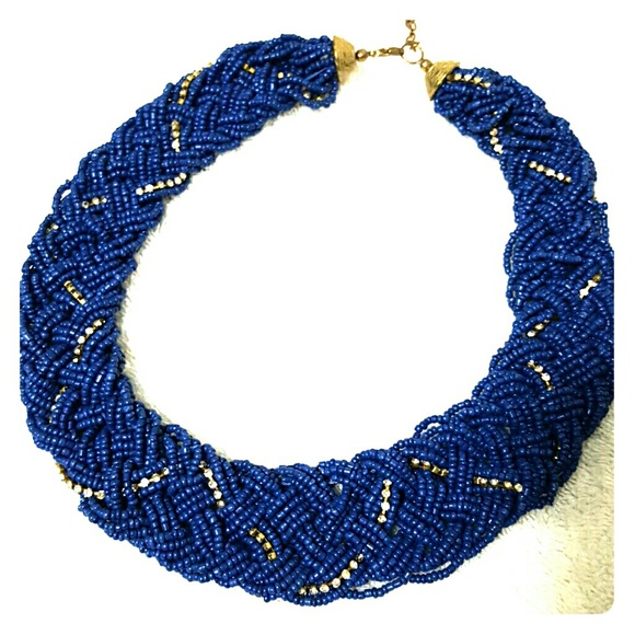 Lapis seed bead and mini rhinestone bib necklace