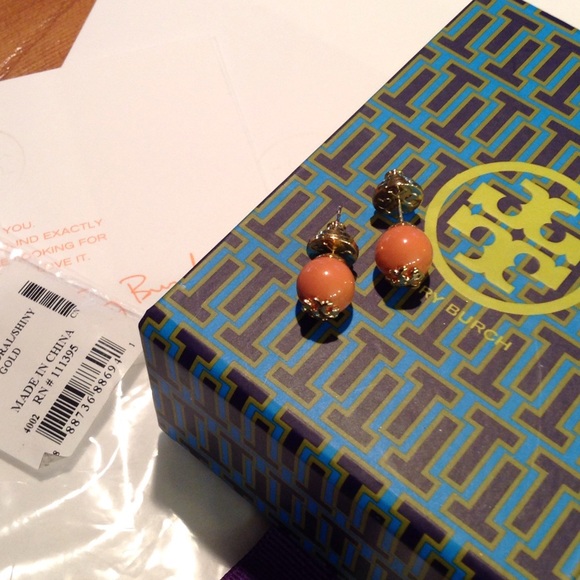 Tory Burch Coral  Stud Earrings With Gold Logo