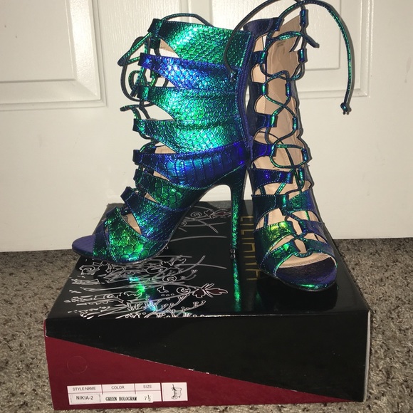 Green Hologram Lace Up Heels