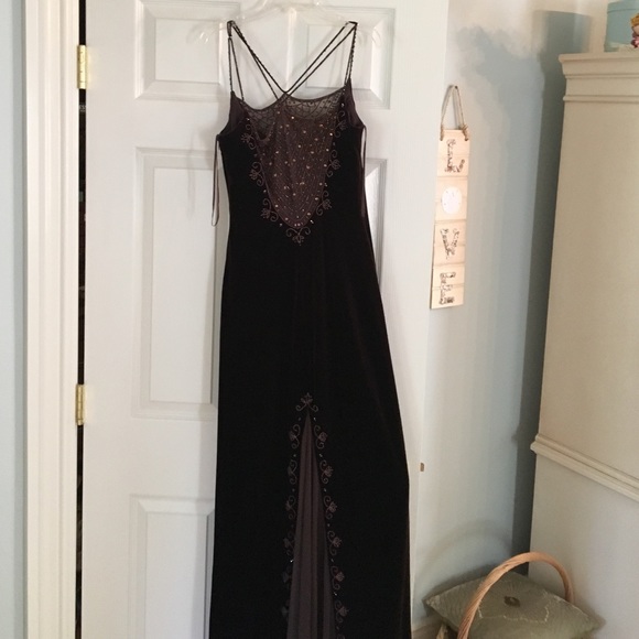 Stunning chocolate velvet & bronze beaded gown