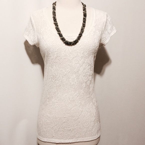 Ann Taylor Tops - Ann Taylor White Stretch Lace Short Sleeve Tee