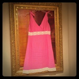 Lilly Pulitzer pink linen dress with white lace