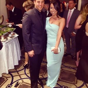 One shoulder, ruffled butt, teal gown