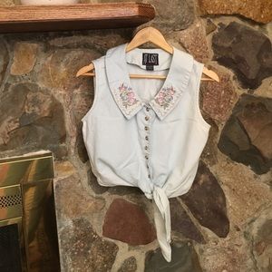 Tie front top with embroidered collar