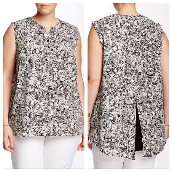 Nordstrom EVERLEIGH Split Back Hi-Lo Tank Blouse White Black Geometric Print 1X