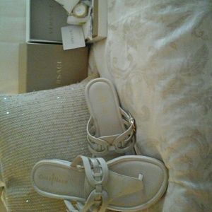 COLE HAAN  WEDGE THONG  SIZE 8 B W/ GOLD BUCKLES