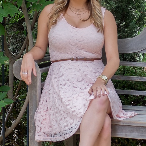 Pink dress with brown belt
