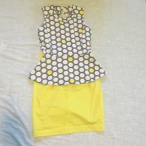 Yellow &grey peplum top w/ yellow pencil skirt.