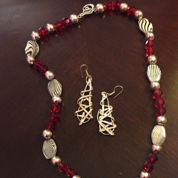 Red sliver and zebra necklace and earrings.