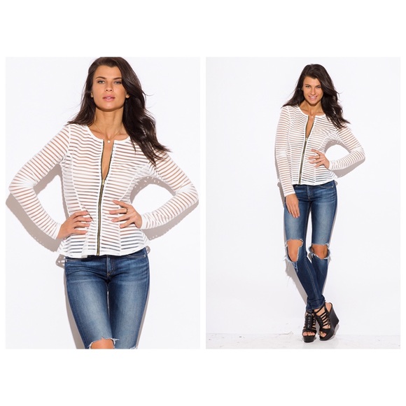 White Mesh Zip Up Blouse