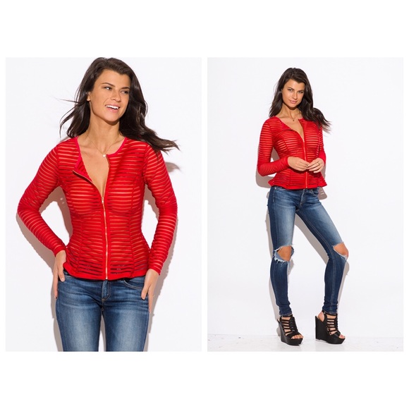 Red Mesh Zip Up Blouse