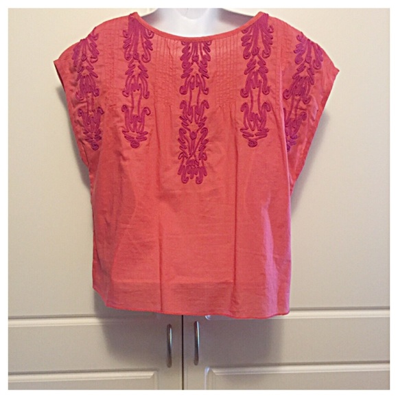 Free People Salmon Pink Embroidered Crop Top - Picture 2 of 4