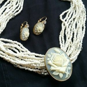 Rose Cameo Necklace and Earrings Set