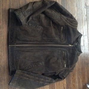 Brown Suede Black Rivet motorcycle jacket.