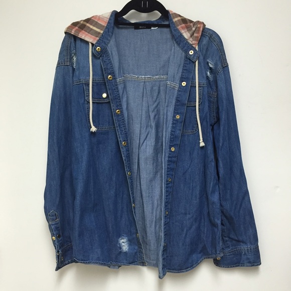 Urban Outfitters denim jacket with plaid hood