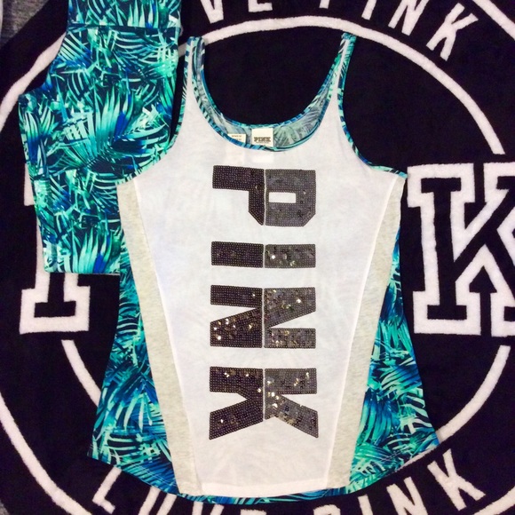 VS PINK~ bling tri color Fern graphic tank top S