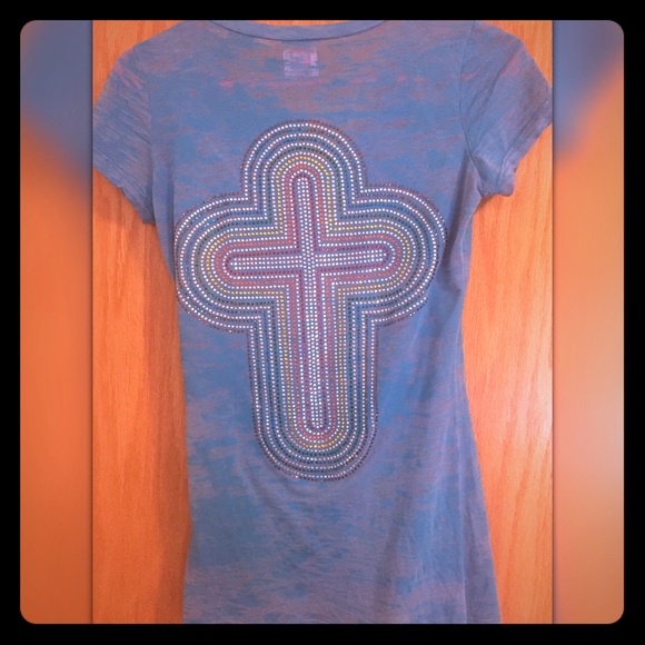 Blue "e.vil" t-shirt with rainbow rhinestone cross