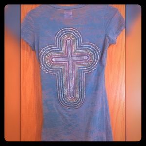 Blue "e.vil" t-shirt with rainbow rhinestone cross