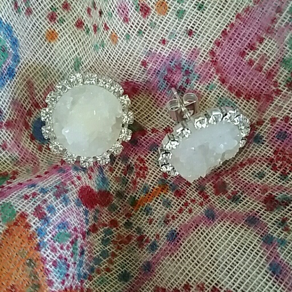 White Quartz Druzy and Rhinestone Earrings