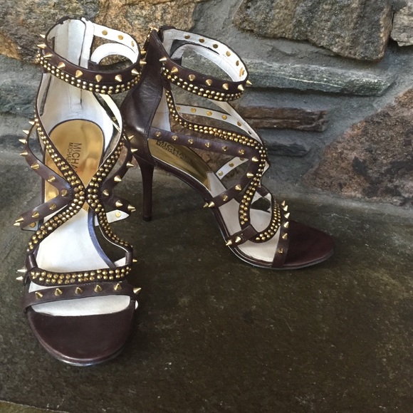 Brown leather gold stud Michael Kors heels SZ 8