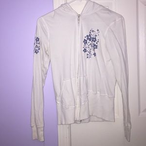 comfy white sweater with blue flowers