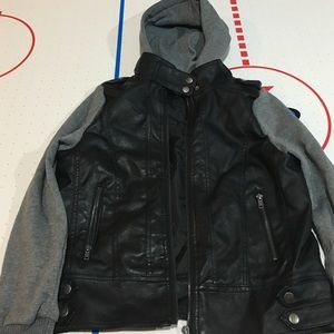 Leather hooded sweat shirt