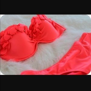 Ruffle push up bandeau coral bikini top and bottom