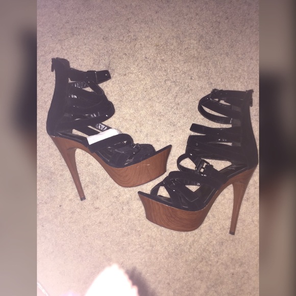 Shiekh Shoes - Black & Wooden Platform Shiekh Heels