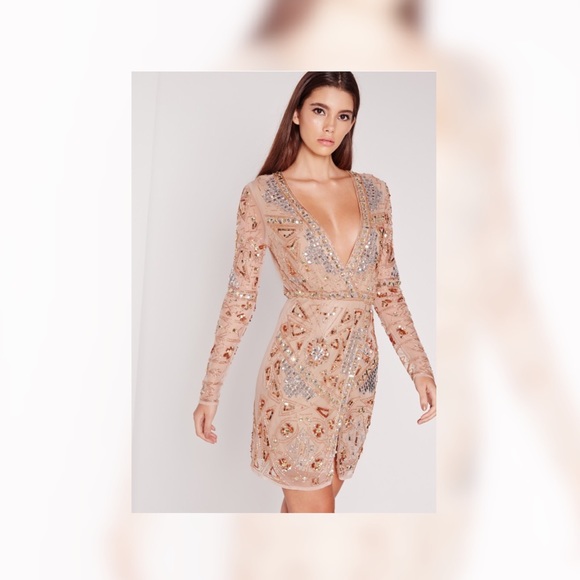Missguided Long Sleeve Embellished Wrap Dress