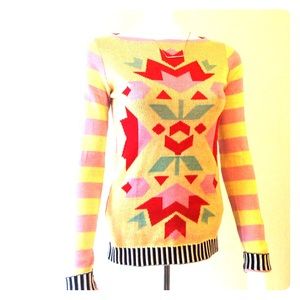 Boho chic tribal yellow cotton striped sweater s