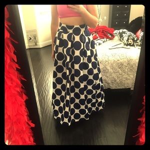 High waisted white and navy polka dot maxi skirt