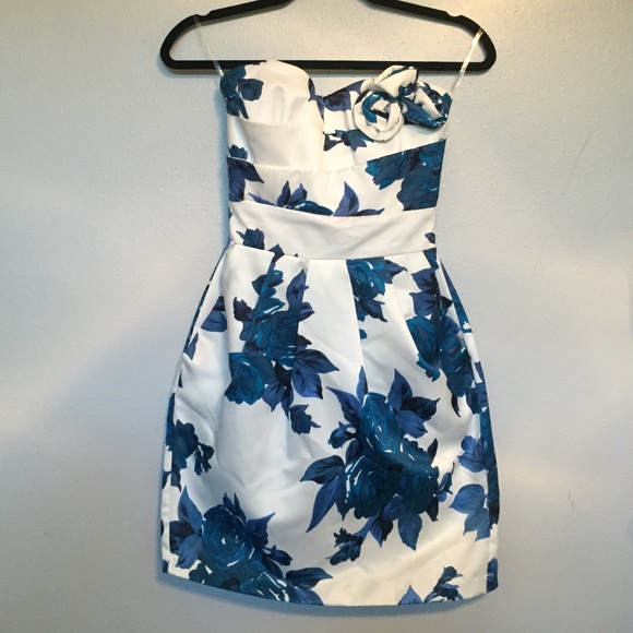 Blue and white flower patterned dress.