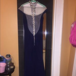 Long Navy Illusion High Neck Prom Dress Size 10
