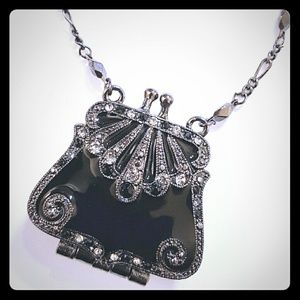 Marcasite Crystal Black Purse Pendant Necklace